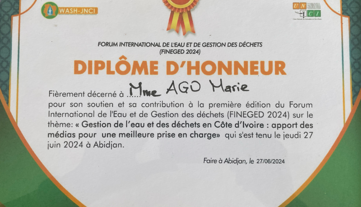 Forum international sur l’eau et la gestion des déchets : la Présidente distinguée pour son engagement citoyen